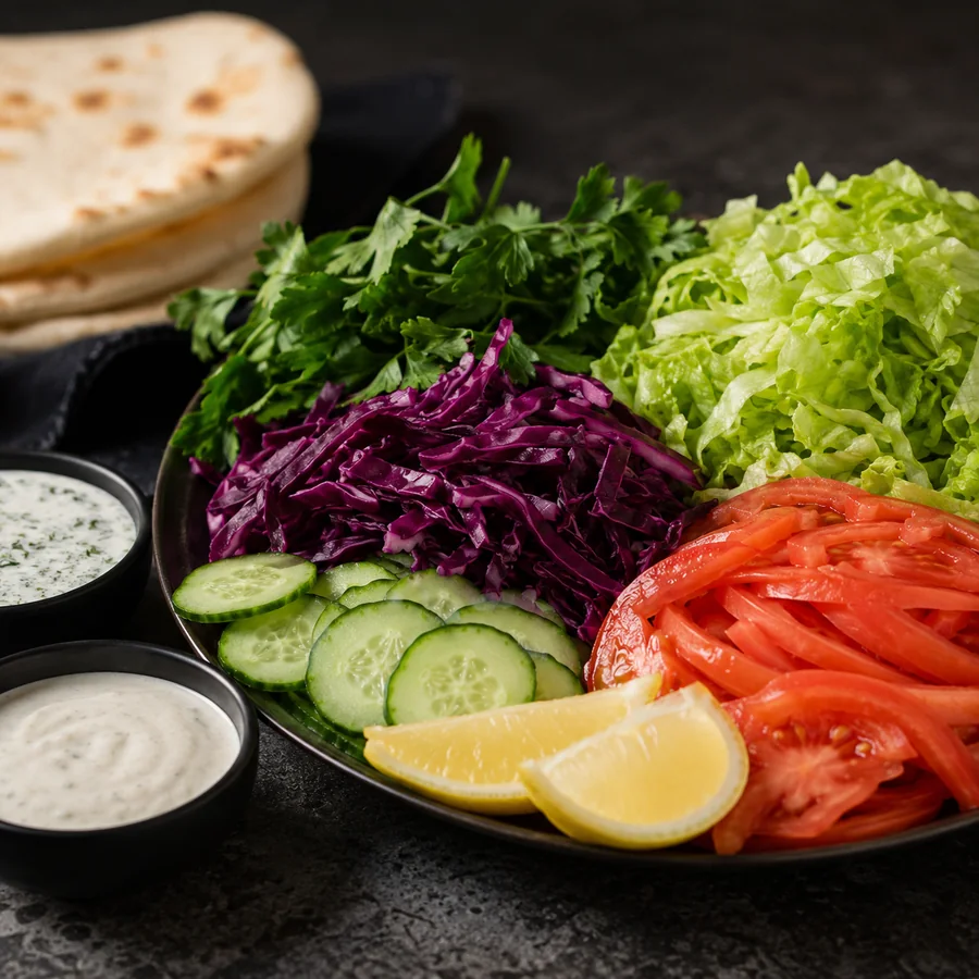 Frische Zutaten mit Salat, Rotkohl, Tomaten, Gurken und Soßen